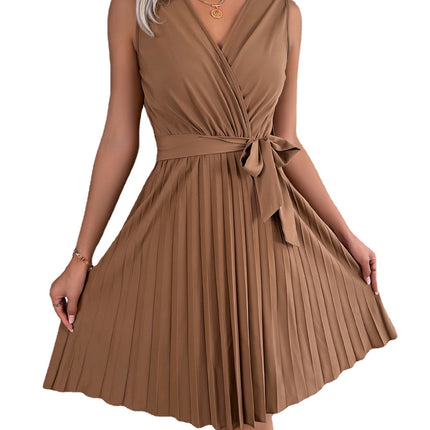 Cross V-Neck Sleeveless Pleated Dress for Women