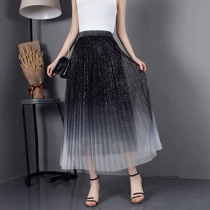 High - Waisted Pleated Skirt with Gradient Mesh Design - Lamarshop1