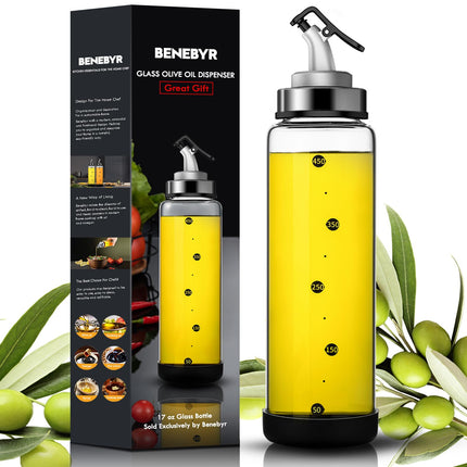 BENEBYR Glass Olive Oil Dispenser Bottle with Leakproof Pourer Spout and Shatterproof Rubber Bottom Cooking Oil Dispenser Bottle for Kitchen 17 oz Heat Resistant Olive Oil Bottle for Oil & Vinegar