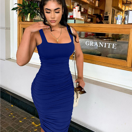 Spring Summer Solid Color Sleeveless Ruched Dress