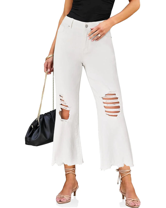 luvamia Wide Leg Jeans for Women Trendy High Waisted Flare Ripped Cropped Jeans Stretchy Distressed Denim Pants Raw Hem Ripped Wide Leg Jeans for Women Womens Pants Women Cream White Size 4 Size 6