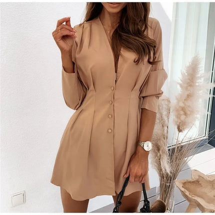 Women's Solid Color V-neck A-line Button Dress