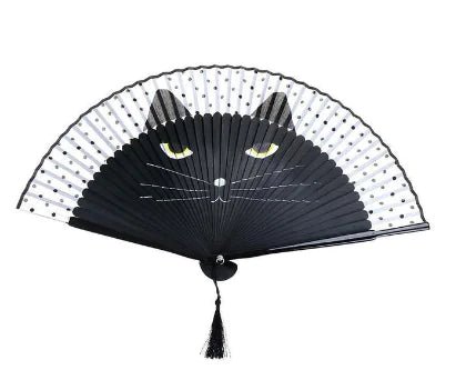 Hand - Painted Cat Folding Bamboo Fan with Lacquered Handle - Lamarshop1