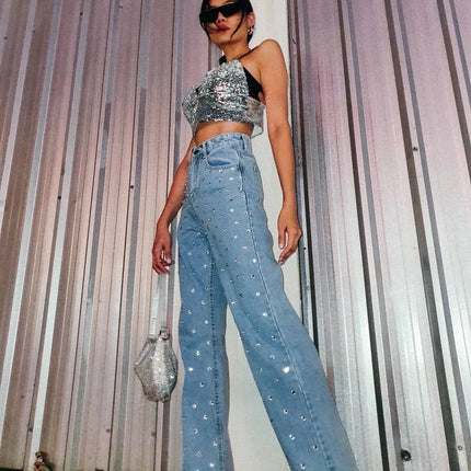 Sky Star Water Diamond Wide Leg Jeans with Hot Drill