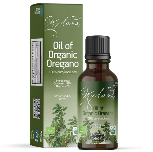 MY LAND 100% Pure Organic Oregano Oil - Undiluted High Carvacrol (82%) Oil of Oregano from Mt Olympus - 0.34fl oz (10ml)