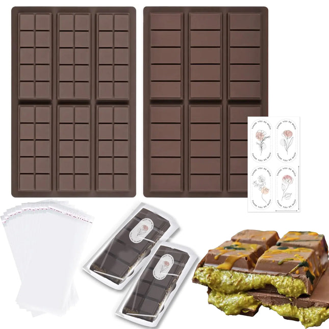 jejucy Chocolate Bar Mold Deep Silicone Thick Chocolate Bar Filled Chocolate Block Candy Mold Pistachio Chocolate Board Mold 100 Storage Bags And Stickers(Square + Rectangle) - Lamarshop1