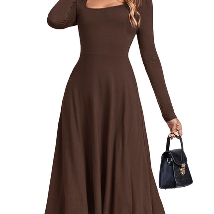 LYANER Womens Square Neck Long Sleeve Empire Waist A Line Flare Solid Midi Dress Brown X-Large