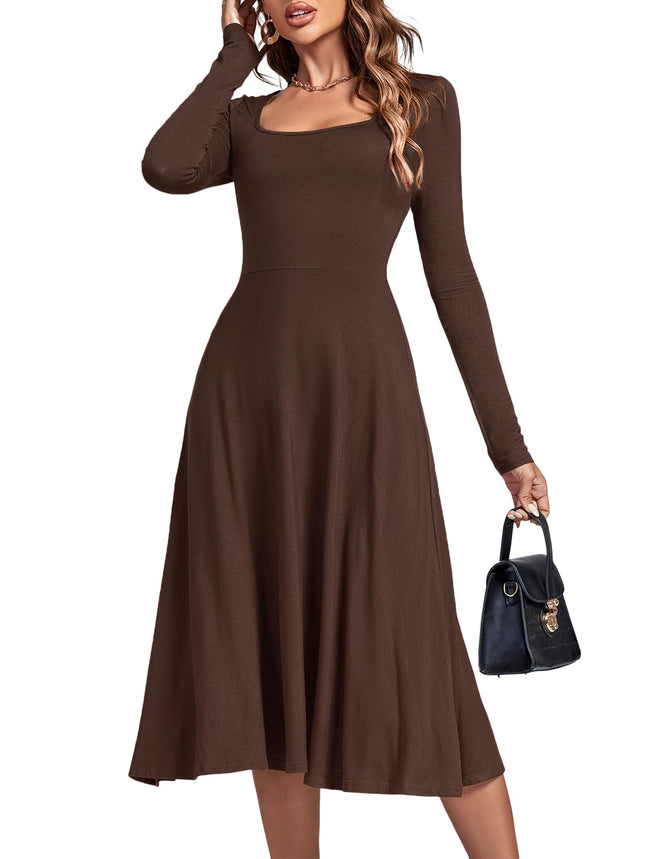 LYANER Womens Square Neck Long Sleeve Empire Waist A Line Flare Solid Midi Dress Brown X-Large