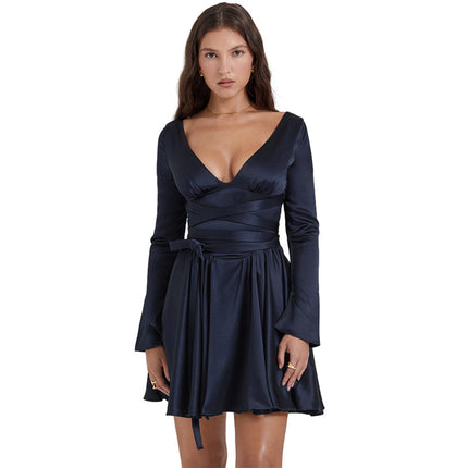Fashionable V-Neck Backless Dress with Waist Tie