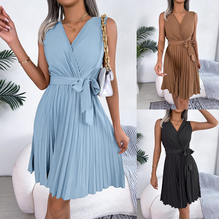 Cross V-Neck Sleeveless Pleated Dress for Women