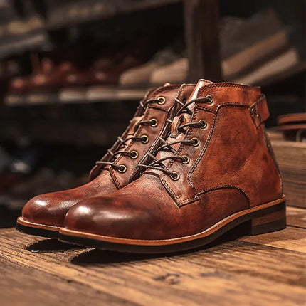 Men's Retro Lace-up Leather Ankle Motorcycle Boots