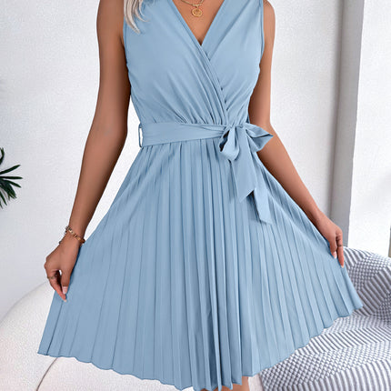 Cross V-Neck Sleeveless Pleated Dress for Women