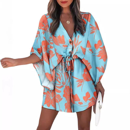 2023 Summer A-Line Dress with V-Neck and Tie Design