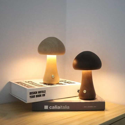 Wooden Mushroom LED Night Light - Rechargeable & Portable