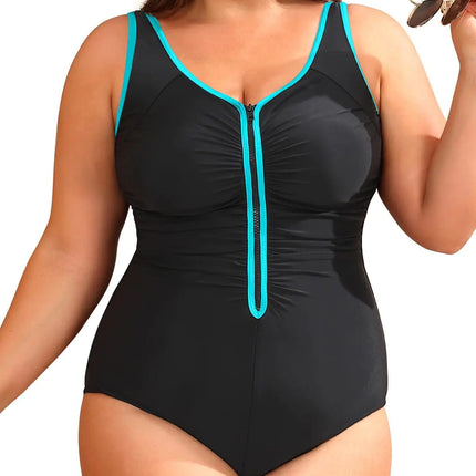 Daci Women Plus Size Black and Blue One Piece Zipper Swimsuits Ruched Tummy Control Bathing Suit Push Up Swimwear 16 Plus - Lamarshop1