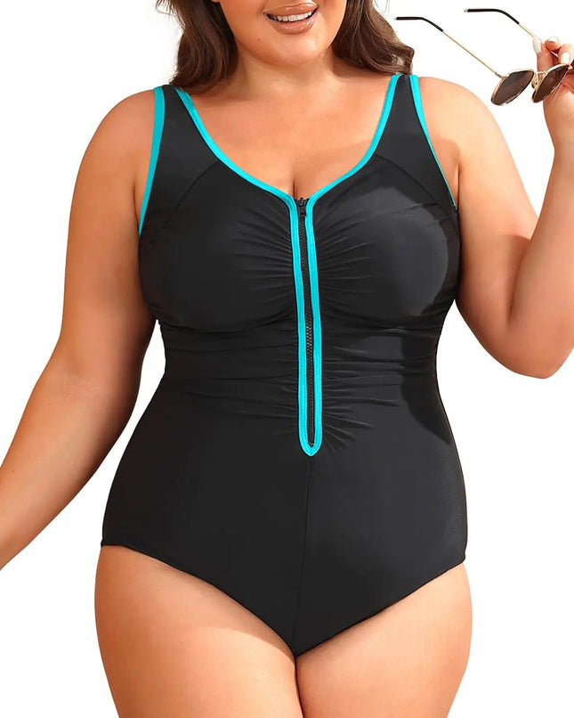 Daci Women Plus Size Black and Blue One Piece Zipper Swimsuits Ruched Tummy Control Bathing Suit Push Up Swimwear 16 Plus - Lamarshop1