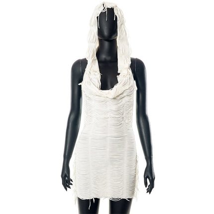 Solid Color Casual Sleeveless Hooded Tassel Dress