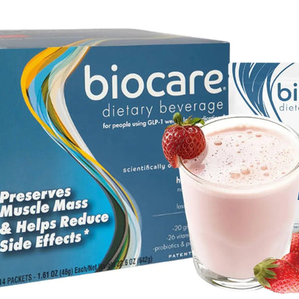Biocare Nutritional Beverage for GLP-1 Users Dietary Powder Drink Provides 20g Essential Protein 26 Vitamins/Minerals Helps Ease Nausea Bloating Constipation Strawberries & Cream (14 Count)