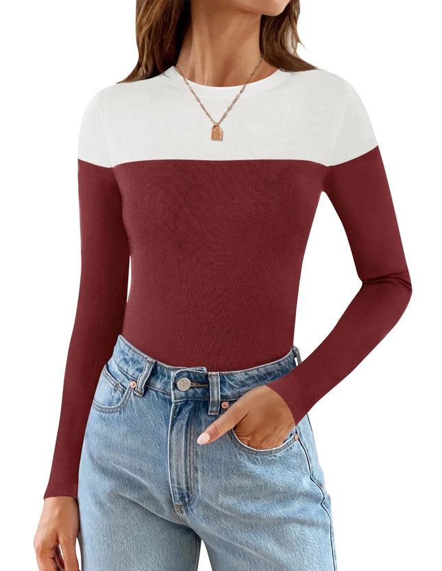 ZESICA Womens Long Sleeve Crewneck Shirts Spring Knit Color Block Sweaters Slim Fitted Casual Basic Tee TopsWine RedSmall - Lamarshop1