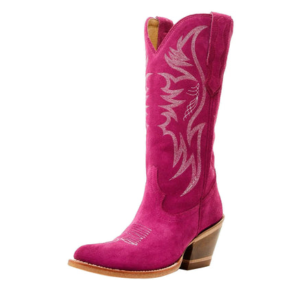 GORBINETI Womens Cowgirl Boots Pull on Cowboy Boots Chunky Block Heel Western Boots Knee High Cowboy Boots Vintage Boots Embroidery Boots Pointed Toe Fashion Boots Suede Pink 5 - Lamarshop1