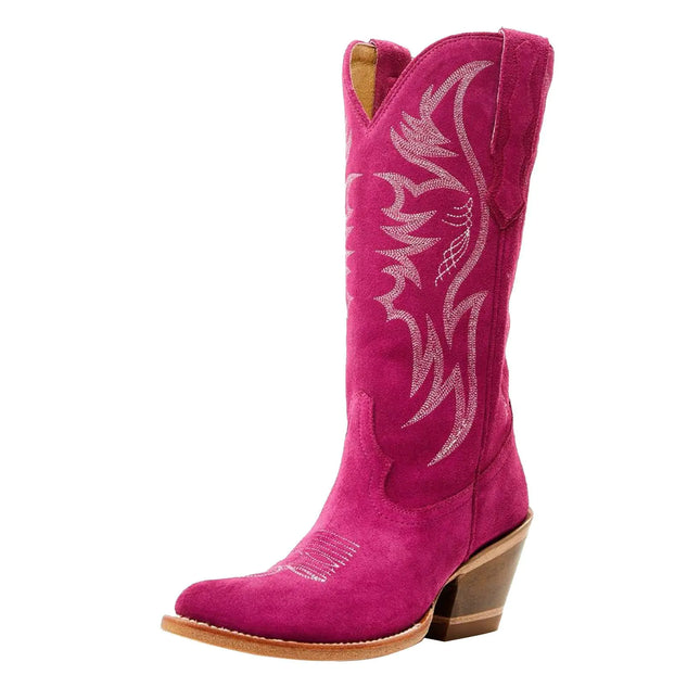 GORBINETI Womens Cowgirl Boots Pull on Cowboy Boots Chunky Block Heel Western Boots Knee High Cowboy Boots Vintage Boots Embroidery Boots Pointed Toe Fashion Boots Suede Pink 5 - Lamarshop1