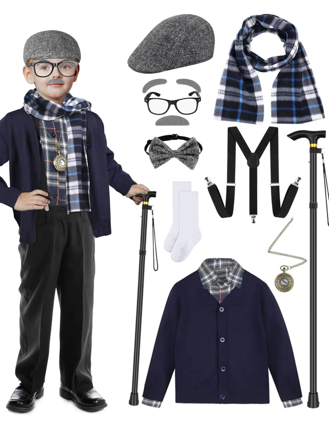 SOMSOC 13 Pieces Kids 100 Days of School Costume for Boys Old Man Costume Set Grandpa Costume Set for School Cosplay Party - Lamarshop1