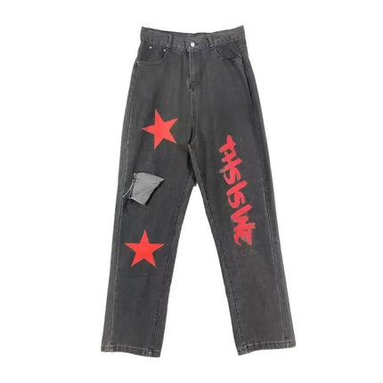 Vintage Stars Print Ripped Wide Leg Jeans