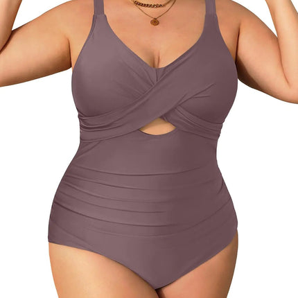 Daci Brown Plus Size One Piece Swimsuits - Tummy Control Bathing Suit for Women Cutout Swimwear 22W - Lamarshop1