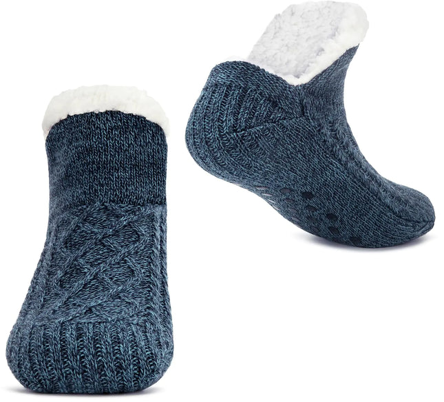PionTechs Women Knitted Slipper Socks Cozy Sherpa Fuzzy Socks Non Slip Socks Winter Indoor Double Layer Bedroom Slipper Socks navy blue Chunse Zang qing 3 - Lamarshop1
