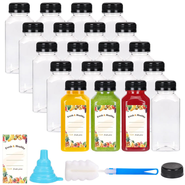 Moretoes 20 Pack 8oz Plastic Bottles with Caps Clear Juice Bottles with Black Caps for Juicing Reusable Juice Containers with Labels Funnel and Brush for Juice Smoothie Milk and Other Beverages - Lamarshop1