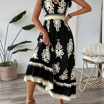 V-Neck Ruffle Cap Sleeve A-Line Vacation Dress