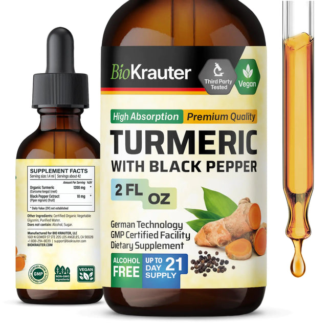 BIO KRAUTER Turmeric Supplement Tincture - 1200 mg Turmeric Curcumin with Black Pepper Extract for Joint Support - Alcohol and Sugar Free - Vegan Drops 2 Fl.Oz. - Lamarshop1