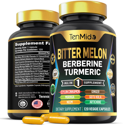 Tenmido Bitter Melon Supplement - 10in1 Formula - Combine with Berberine Ceylon Cinnamon Turmeric Moringa Neem Ginger Gotu Kola Artichoke and Black Pepper - 120 Capsules for 4 Months Supply - Lamarshop1