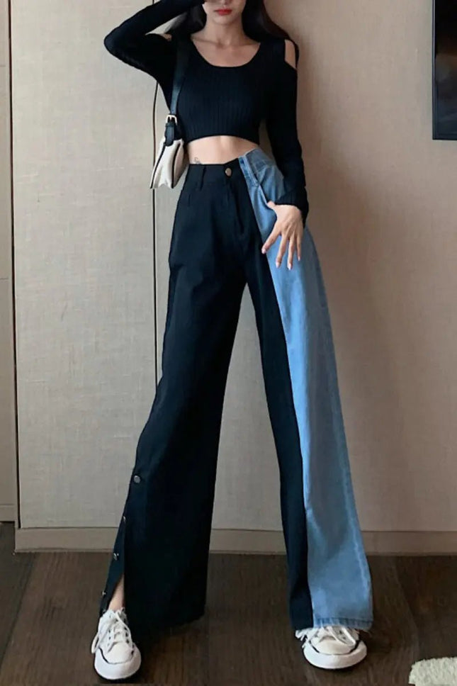 Color Block High-Waisted Split Wide-Leg Jeans for Women