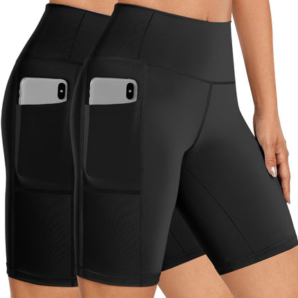 Biker Shorts Women Tummy Control Pockets Yoga Workout Stretchy Spandex Shorts Leggings Athletic Running Compression Shorts Tights Knee Length Ladies Long Slip Booty Shorts Under Dresses 2 Black