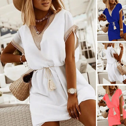 Lace V-Neck Casual Dress with Doll Sleeves