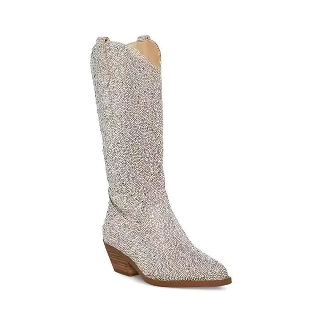 Western Style Rhinestone Knee - High Cowboy Boots - Lamarshop1