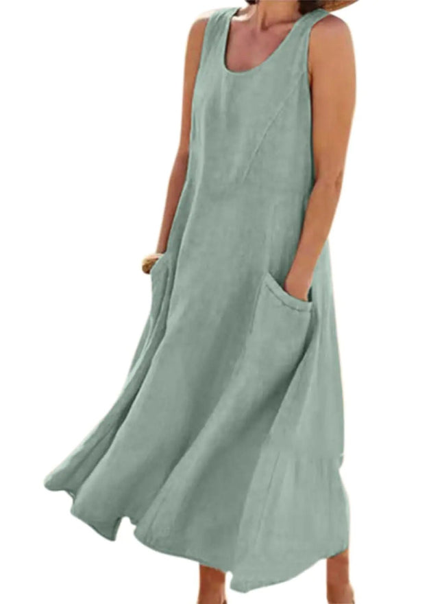 yoeasy Womens Cotton Linen Casual Loose Pockets Long Dress Plain Sleeveless Tank Dress (X - Large Green) - Lamarshop1