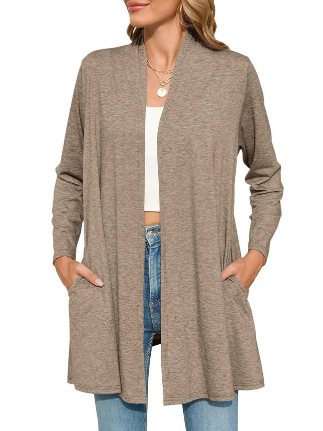 JollieLovin Womens Plus Size Long Sleeve Lightweight Cardigans Open Front Casual Soft Drape Fall Dusters Khaki - Lamarshop1