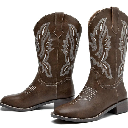 DADAWEN Womens Cowboy Boots Mid Calf Cowgirl Boots Embroidered Square Toe Pull On Western Boots Dark Brown US Size 7 - Lamarshop1