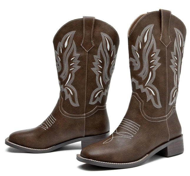 DADAWEN Womens Cowboy Boots Mid Calf Cowgirl Boots Embroidered Square Toe Pull On Western Boots Dark Brown US Size 7 - Lamarshop1
