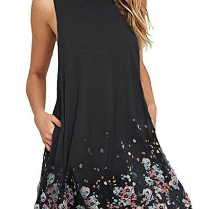Floral Sleeveless A-Line Dress with Round Neck