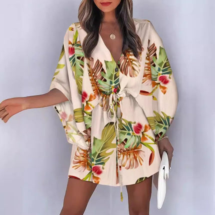 2023 Summer A-Line Dress with V-Neck and Tie Design