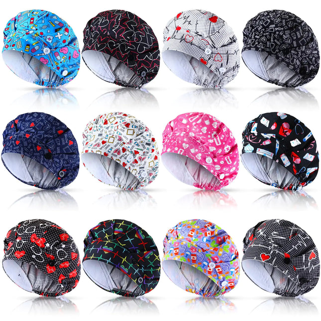Bunnycool 12 Pcs Scrub Caps Women Adjustable Bouffant Caps with Button and Sweatband Working Nursing Caps Medical Caps Multicolor