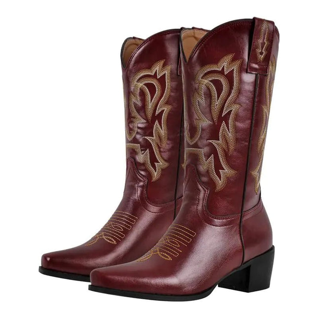 LISHAN Womens Western Boots Cowboy Cowgirl Boots Pull On Embroidered Chunky Block Heel Comfortable Mid Calf Under the Knee High PU Boots Small Square Toe Country Western Party Shoes Dark Red Size 13 - Lamarshop1