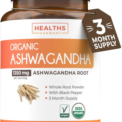 USDA Organic Ashwagandha (180 Vegetarian Tablets) 1350mg Ashwaganda Root Powder Per Serve with Black Pepper - Natural Adrenal Support Cortisol & Thyroid Support Immune Support (No Pills or Capsules) - Lamarshop1