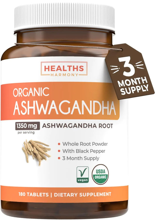 USDA Organic Ashwagandha (180 Vegetarian Tablets) 1350mg Ashwaganda Root Powder Per Serve with Black Pepper - Natural Adrenal Support Cortisol & Thyroid Support Immune Support (No Pills or Capsules) - Lamarshop1
