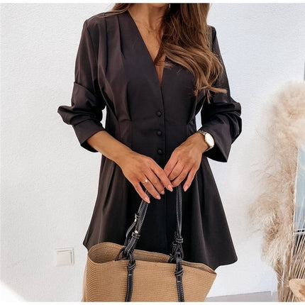 Women's Solid Color V-neck A-line Button Dress