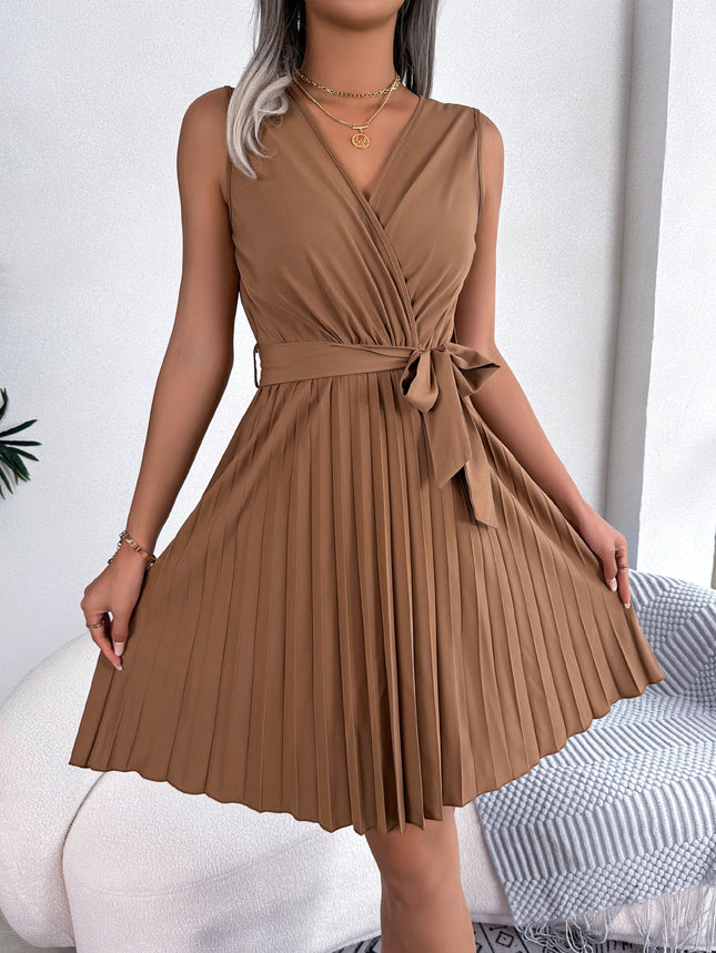 Cross V-Neck Sleeveless Pleated Dress for Women