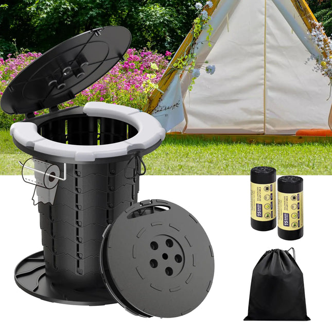 UGarden Upgraded Retractable Portable Toilet with PU Cushion Adjustable Height Foldable Camping Toilet Travel Toilet 300LBS Soft Seat Portable Potty with Paper Holder Folding Toilet for Camping/Car